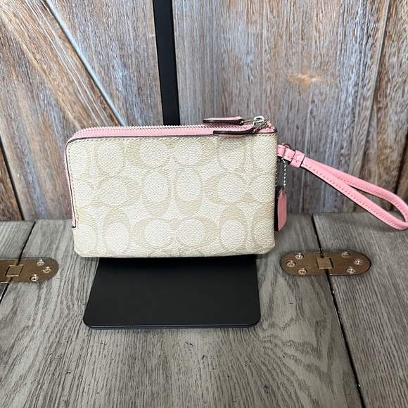 Coach Wristlet Wallet Double Zip Coated Canvas Light Khaki/Blush Bubblegum - Picture 3 of 14